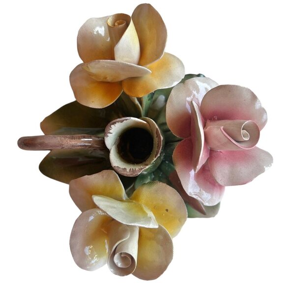 Capodimonte Roses Candle Stick Holder Pink Yellow Green Made in Italy Cottagecor - Picture 2 of 10